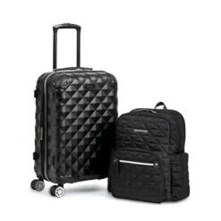 Kenneth Cole Reaction Diamond Tower Luggage Collection Lightweight Hardside Expandable 8-Wheel Spinner Travel Suitcase, Black, 2pc Bundle (Carry On+Backpack)