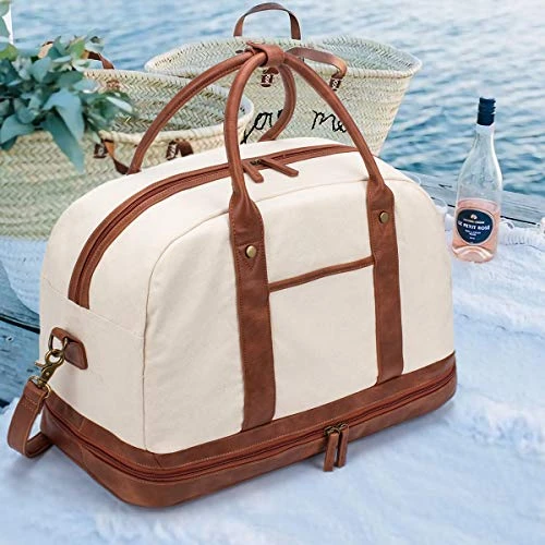 Weekender Bag For Women Canvas Overnight Bag Large Travel Bags For Women Carry On Shoulder Duffle Bag With Shoe Compartment,Perfect For Travel/Daily Use/Birthday Gift (Beige) 4 Weekender Bag For Women Canvas Overnight Bag Large Travel Bags For Women Carry On Shoulder Duffle Bag With Shoe Compartment,Perfect For Travel/Daily Use/Birthday Gift (Beige) - Image 2