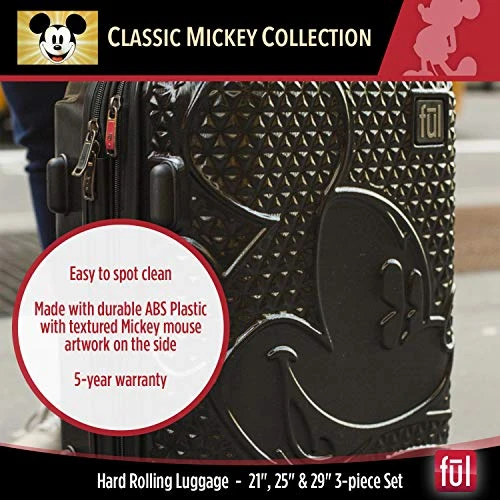 FUL Disney Mickey Mouse 3 Piece Rolling Luggage Set, Hardside Suitcase With Spinner Wheels, 21 Inch, 25 Inch And 29 Inch, Black 4 FUL Disney Mickey Mouse 3 Piece Rolling Luggage Set, Hardside Suitcase With Spinner Wheels, 21 Inch, 25 Inch And 29 Inch, Black - Image 2