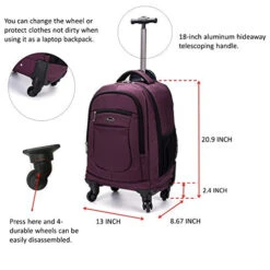 Racini Nylon Waterproof Rolling Backpack, Freewheel Travel Wheeled Backpack, Carry-on Luggage With Anti-Theft Zippers(Purple) -Luggage Factory Store 51d1A57clzL