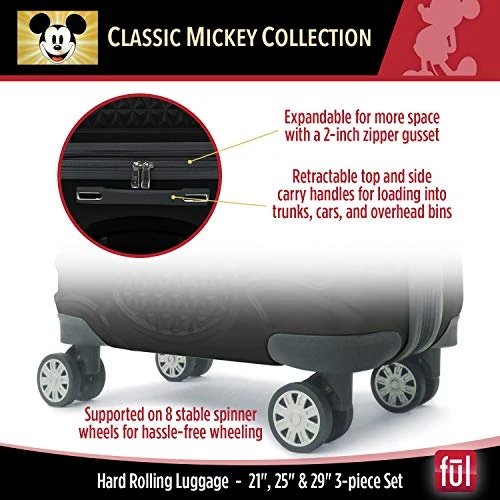 FUL Disney Mickey Mouse 3 Piece Rolling Luggage Set, Hardside Suitcase With Spinner Wheels, 21 Inch, 25 Inch And 29 Inch, Black 7 FUL Disney Mickey Mouse 3 Piece Rolling Luggage Set, Hardside Suitcase With Spinner Wheels, 21 Inch, 25 Inch And 29 Inch, Black - Image 5