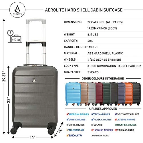 Aerolite 22x14x9” Hard Shell Suitcase Spinner Carry On + Under Seat Holdall 10 Aerolite 22x14x9” Hard Shell Suitcase Spinner Carry On + Under Seat Holdall - Image 8