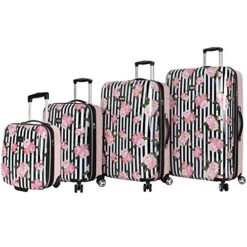 Betsey Johnson 4 Piece Designer Luggage - Expandable (ABS+PC) Hardside Lightweight Spinner Suitcases - Set Includes 15 Inch Underseat Bag, 20 Inch Carry On, 26 & 30 Inch Checked Bags (Stripe Roses)