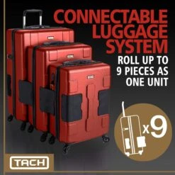 TACH TUFF 3-Piece Hardcase Connectable Luggage & Carryon Travel Bag Set | Rolling Suitcase With Patented Built-In Connecting System | Easily Link & Carry 9 Bags At Once (wine Red) -Luggage Factory Store 81Ch uIH8xL