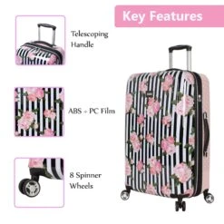 Betsey Johnson 30 Inch Checked Luggage Collection - Expandable Scratch Resistant (ABS + PC) Hardside Suitcase - Designer Lightweight Bag With 8-Rolling Spinner Wheels (Stripe Roses) -Luggage Factory Store 81Qhr 2BeFOwL